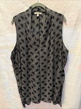 Spense Black & White Sleeveless Patterned V-Neck Blouse Size 2X
